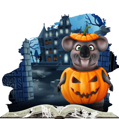 Kev the Koala dressed as a pumpkin with a haunted castle